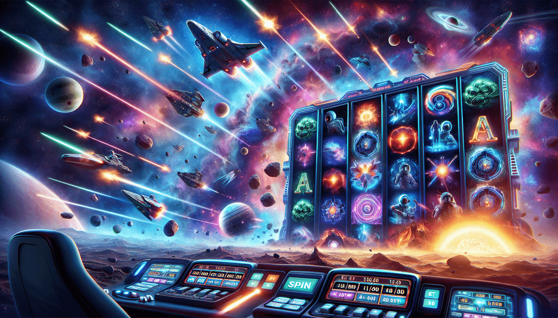 Tema de batalla espacial épica en el juego Slots